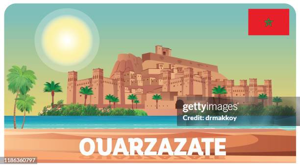 ouarzazate (ait benhaddou), antike stadt in marokko - marrakech stock-grafiken, -clipart, -cartoons und -symbole