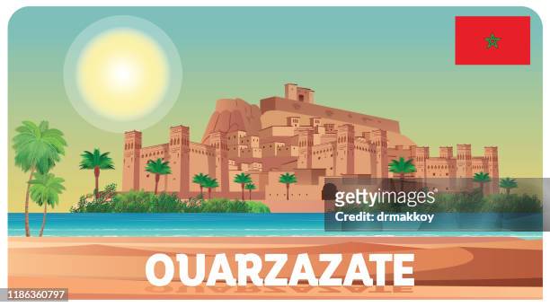 ouarzazate, ait benhaddou, ancient city in morocco - casbah stock illustrations