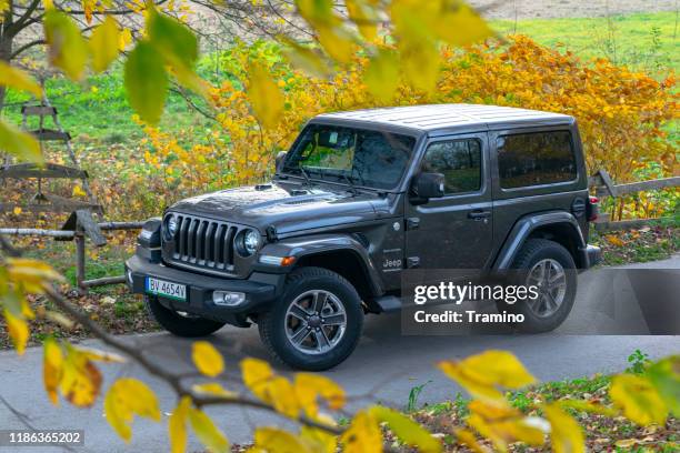 jeep wrangler in autumn scenery - jeep wrangler stock pictures, royalty-free photos & images