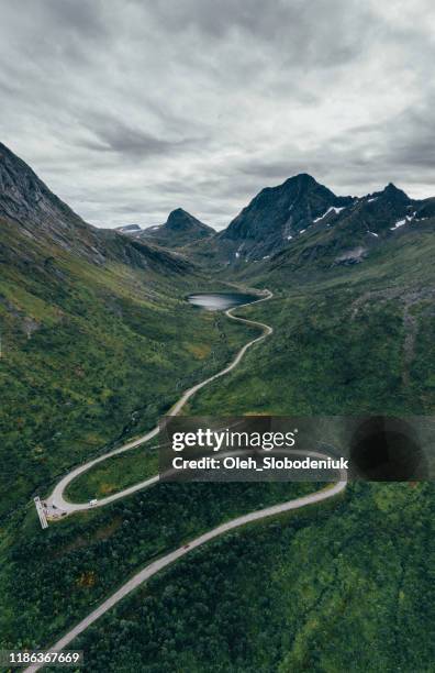 scenic aerial view of hairpin road in norway - norway road stock pictures, royalty-free photos & images