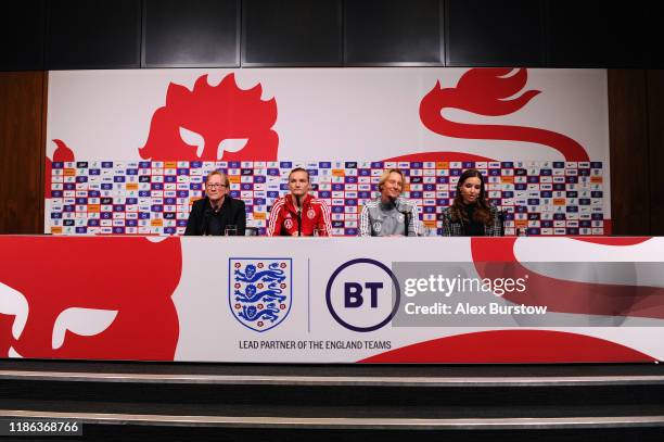 General view as Alexandra Popp of Germany and Martina Voss-Tecklenburg, Head Coach of Germany attend a press conference on the eve of the Women's...