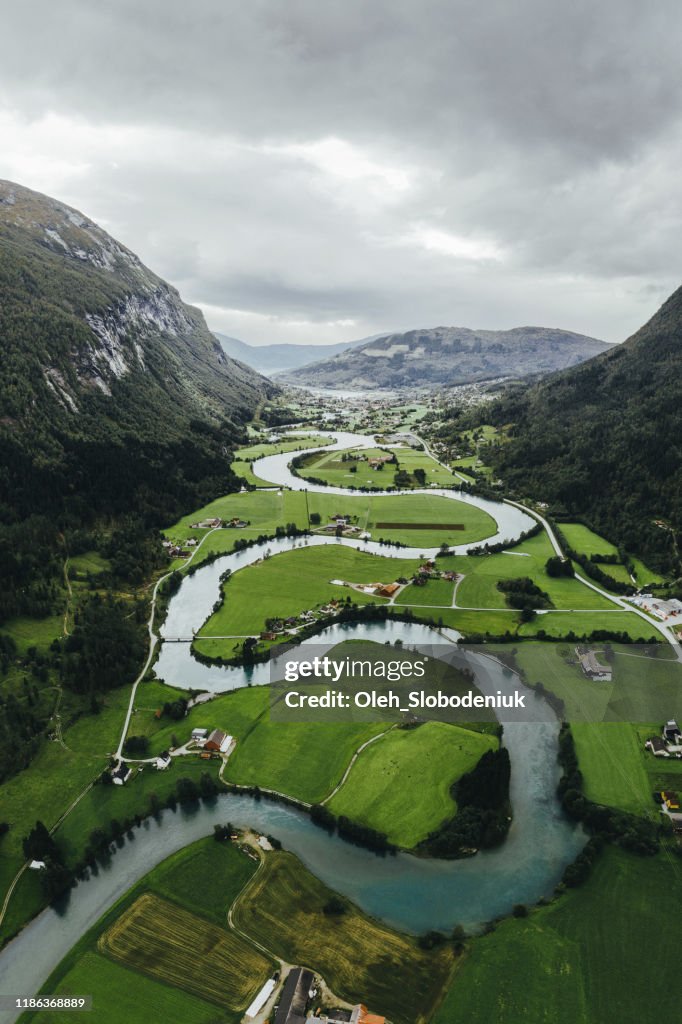 Scenic aerial view of river valley in Norway