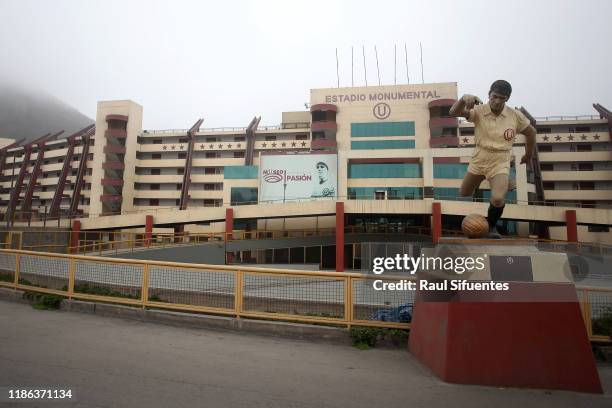 View of the statue of Universitario de Lima's legend Lolo Fernandez on November 08, 2019 in Lima, Peru. As a result of the protests and social unrest...