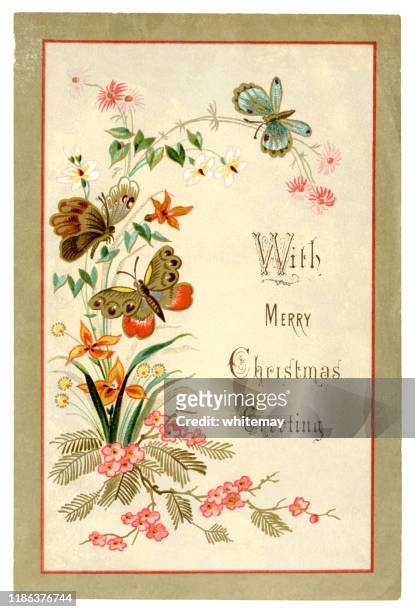victorian christmas card with butterflies and flowers, 1879 - victorian pattern stock illustrations