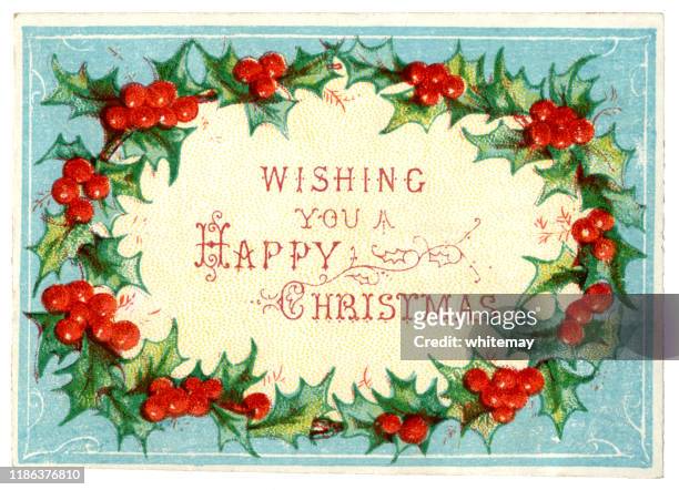 viktorianischen weihnachtskarte mit holly kranz, 1875 - weihnachtskarte stock-grafiken, -clipart, -cartoons und -symbole