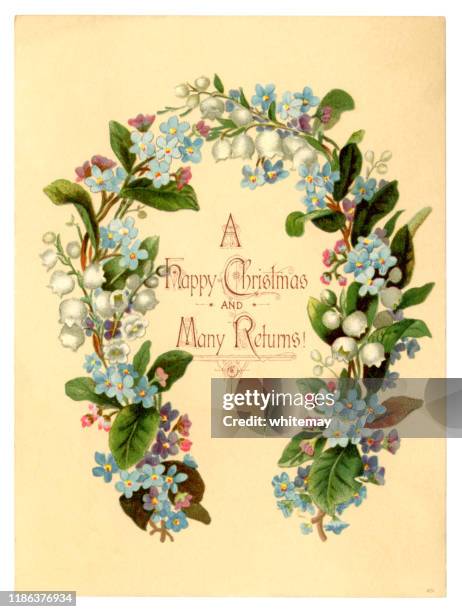 victorian christmas card with wreath of forget-me-nots and lily-of-the-valley, 1881 - archival stock illustrations