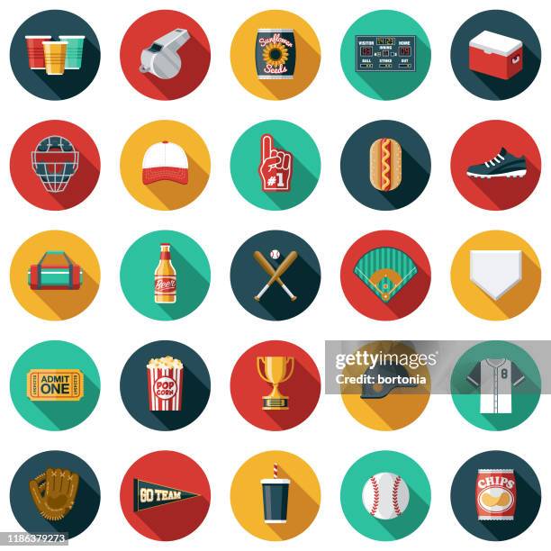 ilustraciones, imágenes clip art, dibujos animados e iconos de stock de conjunto de iconos de béisbol - base sports equipment