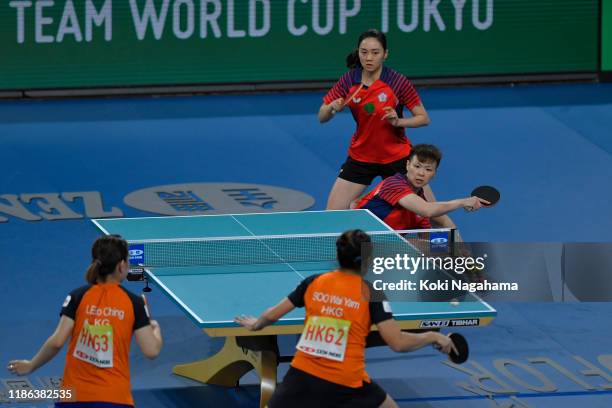 Cheng Hsien-Tzu and Chen Szu-Yu of Chinese Taipei competes against Lee Ho Ching and Soo Wai Yam Minnie of Hong Kong, China during Women's Teams...