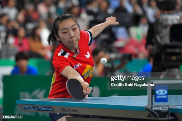 Wu Yue of the United States competes against Liu Shiwen of China during Women's Teams singles - Quarterfinals - Match 1 on day three of the ITTF Team...