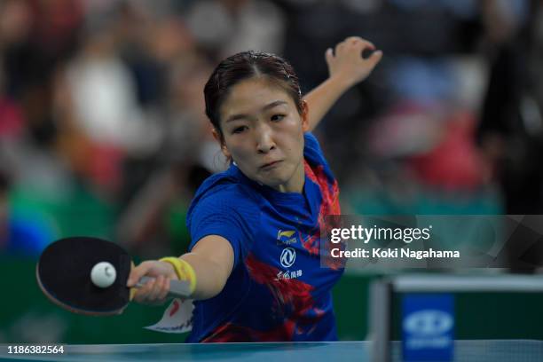 Wu Yue of the United States competes against Liu Shiwen of China during Women's Teams singles - Quarterfinals - Match 1 on day three of the ITTF Team...