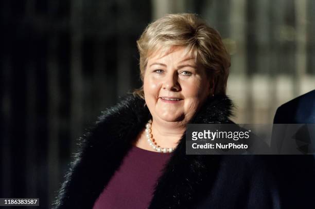 Prime Minister of Norway Erna Solberg leaves 10 Downing Street after attending reception for NATO leaders hosted by British Prime Minister Boris...