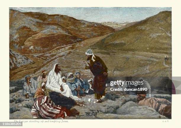 lawyer standing up and tempting jesus, new testament - jesus talking stock illustrations