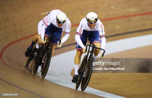 Ryan Owens, Jack Carlin and Jason Kenny of Great Britain compete in the final of the Men's Team Sprint during Day One of The UCI Track Cycling World...