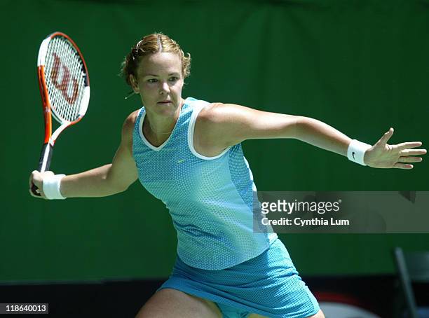Lindsay Davenport hits a return versus Nicole Vaidisova during the third round of the Australian Open in Melbourne on Jan. 22, 2005. Davenport...