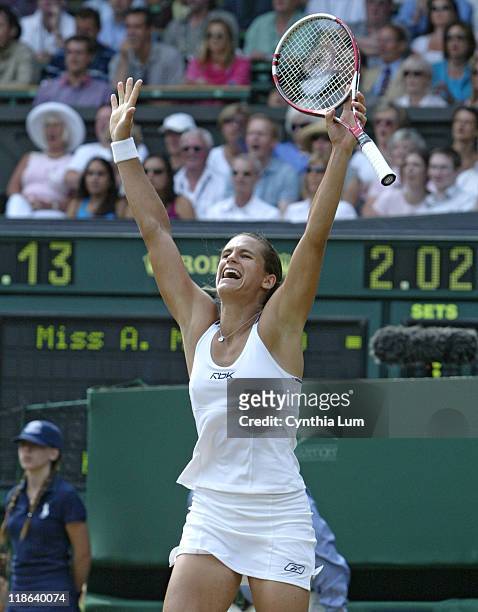 Amelie Mauresmo exhalts after winning the Ladies' championship by defeating Justine Henin-Hardenne in the 2006 Wimbledon Championships at the...