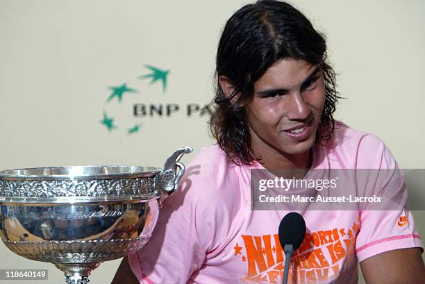 Spain's Rafael Nadal talsk to the press after defeating Roger Federer in the men's final of the 2006 French Open at Roland Garros, Paris, June 11,...