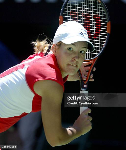 Justine Henin-Hardenne during a 7-5,6-3 win over Lindsay Davenport in their quarter final match in the Australian Open January 27, 2004.
