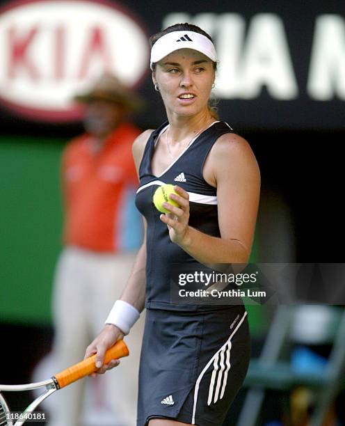 Martina Hingis on her way to defeat against Kim Clijsters in the quarter-final of the Australian Open, Melbourne, Australia.Clijsters won 6-3, 2-6,...