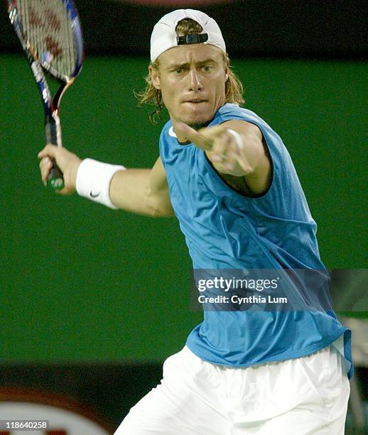 Lleyton Hewitt of Australia during his 2005 Australian Open Semi Final match against Andy Roddick. Hewitt won 3-6 7-6 7-6 6-1.