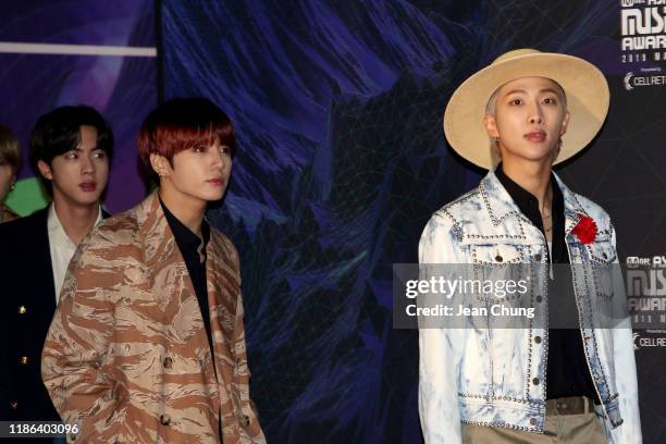 Jin, Jungkook, and RM of BTS attend the 2019 Mnet Asian Music Awards at Nagoya Dome on December 4, 2019 in Nagoya, Japan.