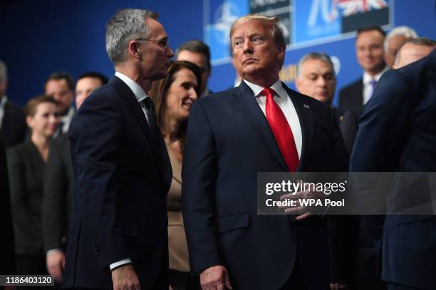 Secretary General of NATO Jens Stoltenberg and US President Donald Trump onstage during the annual NATO heads of government summit on December 4,...