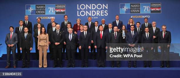 Group photo of the NATO leaders including Prime Minister of Canada Justin Trudeau, Prime Minister of Belgium Sophie Wilmes, Prime Minister of Albania...