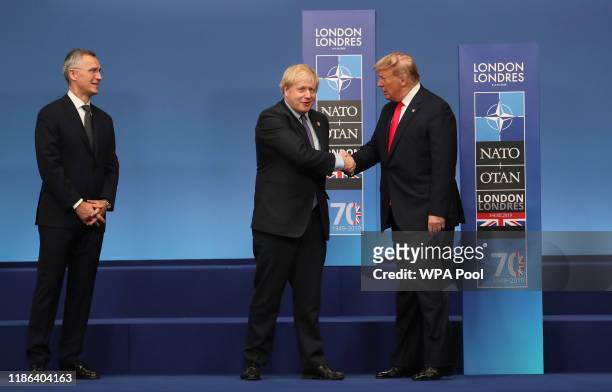 Secretary General of NATO Jens Stoltenberg, US President Donald Trump and British Prime Minister Boris Johnson onstage during the annual NATO heads...