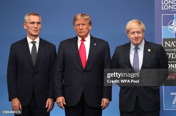 Secretary General of NATO Jens Stoltenberg, US President Donald Trump and British Prime Minister Boris Johnson onstage during the annual NATO heads...