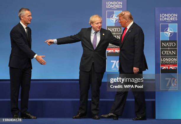 Secretary General of NATO Jens Stoltenberg, US President Donald Trump and British Prime Minister Boris Johnson onstage during the annual NATO heads...