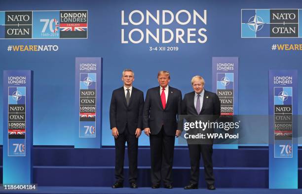 Secretary General of NATO Jens Stoltenberg, US President Donald Trump and British Prime Minister Boris Johnson onstage during the annual NATO heads...