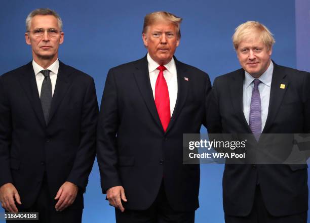 Secretary General of NATO Jens Stoltenberg, US President Donald Trump and British Prime Minister Boris Johnson onstage during the annual NATO heads...