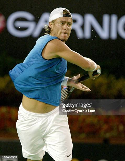 Lleyton Hewitt of Australia during his 2005 Australian Open Semi Final match against Andy Roddick. Hewitt won 3-6 7-6 7-6 6-1.