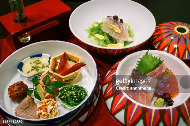 kaiseki appetizers of a dinner set japanese cuisine - 料亭 ストックフォトと画像