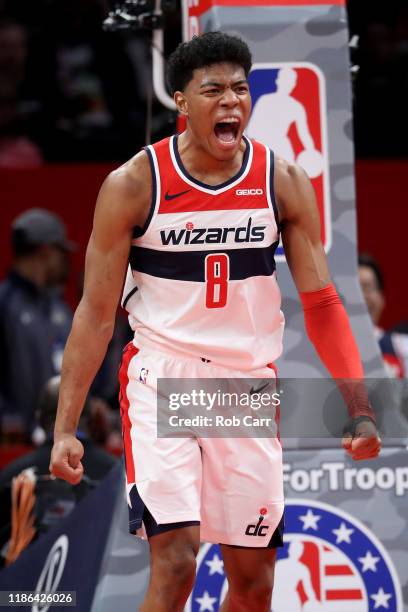 Rui Hachimura of the Washington Wizards celebrates after scoring against the Cleveland Cavaliers in the second half at Capital One Arena on November...