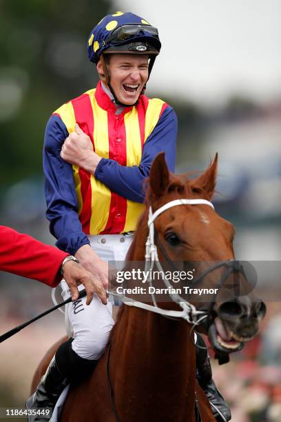 James McDonald returns to scale on Nature Strip after winning race 5 the Darley Sprint Classic during 2019 Stakes Day at Flemington Racecourse on...