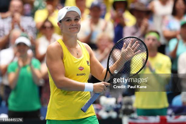 Ash Barty of Australia celebrates after winning her match against Caroline Garcia of France in the 2019 Fed Cup Final tie between Australia and...