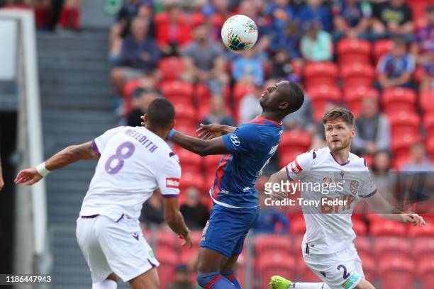 Abdiel Arroyo of the Newcastle Jets controls the ball during the Round 5 A-League match between the Newcastle Jets and the Perth Glory at McDonald...