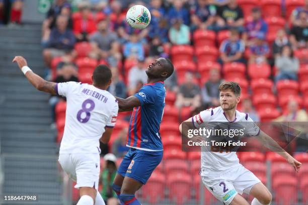 Abdiel Arroyo of the Newcastle Jets controls the ball during the Round 5 A-League match between the Newcastle Jets and the Perth Glory at McDonald...