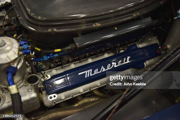 Maserati MC12 GT1 racing car engine on display during the RM Sotherb's London, European car collectors event at Olympia London on October 23, 2019 in...