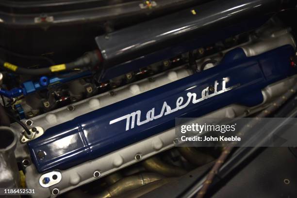 Maserati MC12 GT1 racing car engine on display during the RM Sotherb's London, European car collectors event at Olympia London on October 23, 2019 in...
