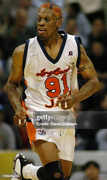 Dennis Rodman of the Long Beach Jam in action against the Fresno HeatWave of the American Basketball Association in Rodman's first professional game...