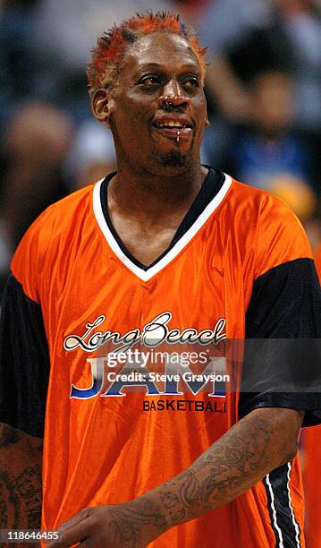 Dennis Rodman of the Long Beach Jam in action against the Fresno HeatWave of the American Basketball Association in Rodman's first professional game...