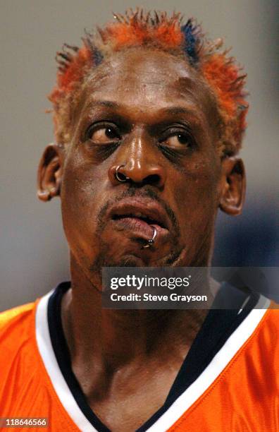 Dennis Rodman of the Long Beach Jam in action against the Fresno HeatWave of the American Basketball Association in Rodman's first professional game...