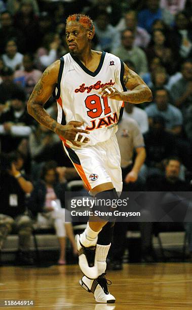 Dennis Rodman of the Long Beach Jam in action against the Fresno HeatWave of the American Basketball Association in Rodman's first professional game...