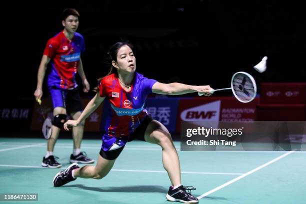 Goh Soon Huat and Lai Shevon Jemie of Malaysia compete in the Mixed Doubles semi finals match against Zheng Siwei and Huang Yaqiong of China on day...