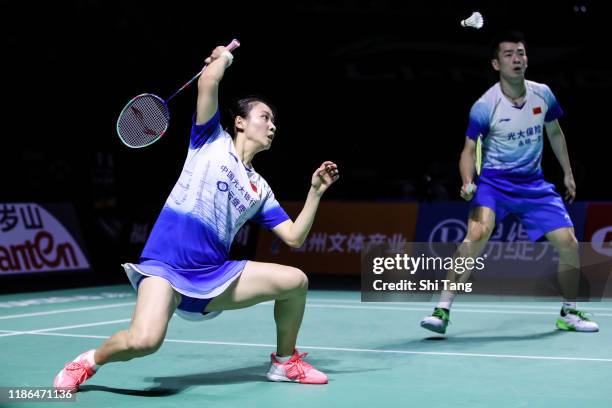 Zheng Siwei and Huang Yaqiong of China compete in the Mixed Doubles semi finals match against Goh Soon Huat and Lai Shevon Jemie of Malaysia on day...