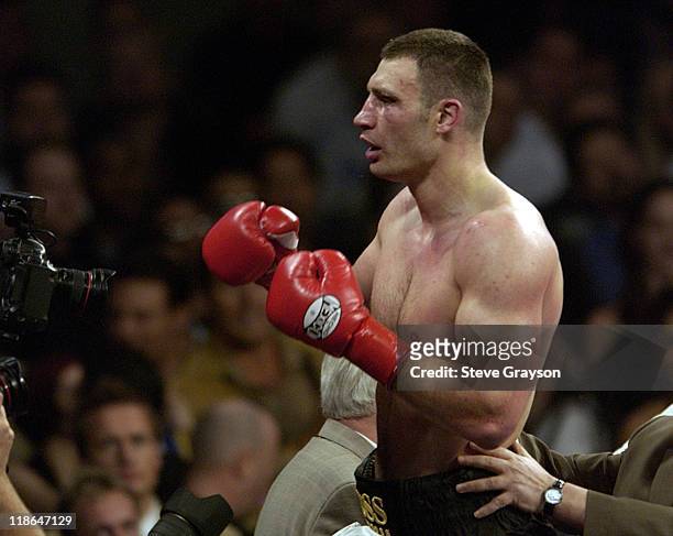 Vitali Klitschko celebrates his TKO 8th round win over Corrie Sanders in their WBC Heavyweight Championship Title Bout