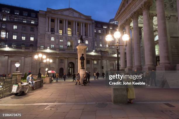 General view of the Bank of England and the Royal Exchange, a luxury boutique shopping and dining centre in the early evening on November 8, 2019 in...