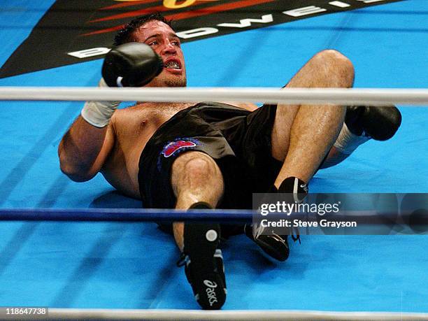 Lisandro Diaz lies on the canvas after he was kncoked out in their 8 round by Audley Harrison in a non-title Heavyweight bout.