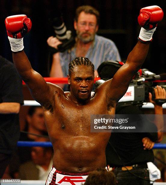 Audley Harrison celebrates his win over Lisandro Diaz in their 8 round non-title Heavyweight bout. Harrison won the match with a knockout in the 6th...